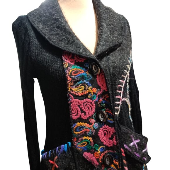 Liquid by Stone S Black Boho Knit Cardigan Jacket Colorful Embroidered Sweater - Picture 2 of 12